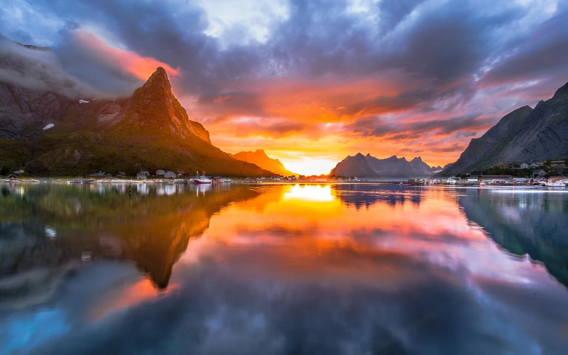 mountains, village, water, clouds, Norway, sea, island, landscape, midnight, fjord, sunset, nature, sky, 1080P, summer, reflection, Sun