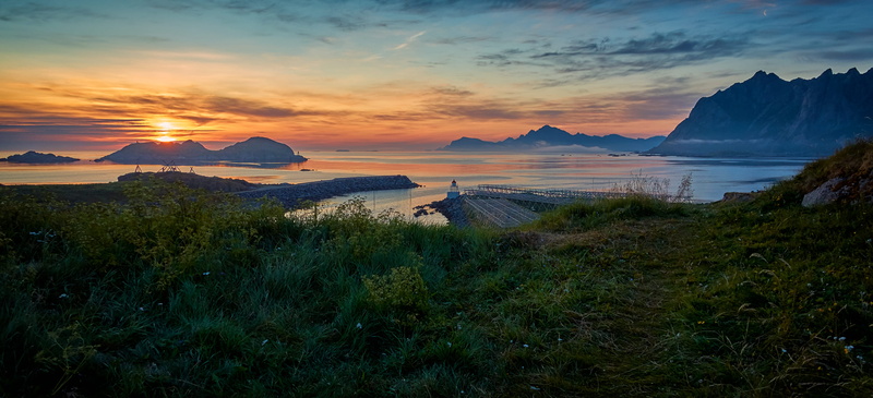 beach, landscape, no people, hovden, vesterålen, scenics - nature, tranquil scene, orange color, scenic, mountains, midnight, atlantic, idyllic, north