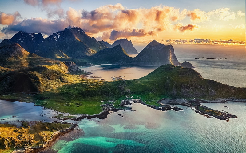 beach, no people, tranquil scene, sea, nature, 1080P, beauty in nature, mountain range, sunset, sky, water, scenics - nature, landscape nature mountain beach island lofoten norway clouds sea midnight sun cliff
