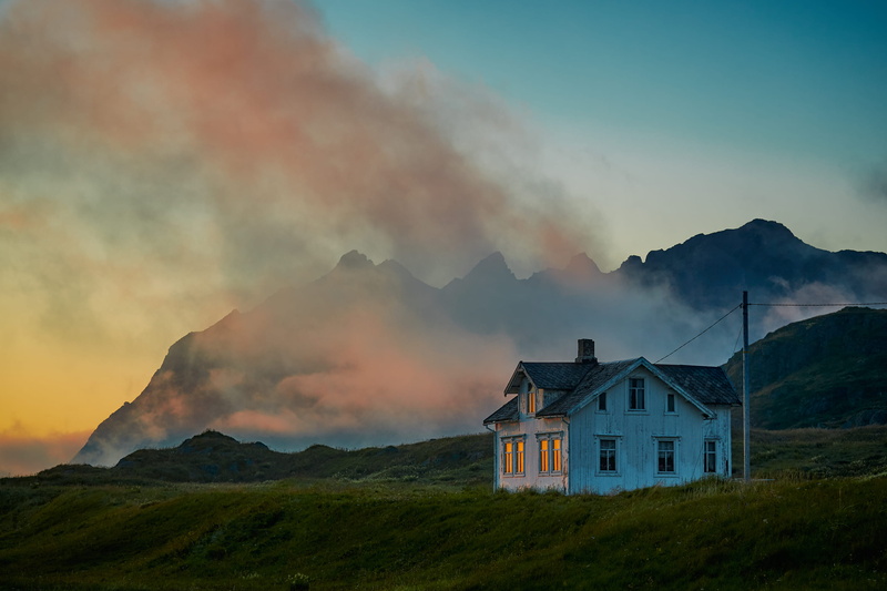environment, scenics - nature, smoke, green, cloudy, no people, red, foggy, sunset, building, land, norway, home, landscape, cloud, 2K, white, beauty in nature