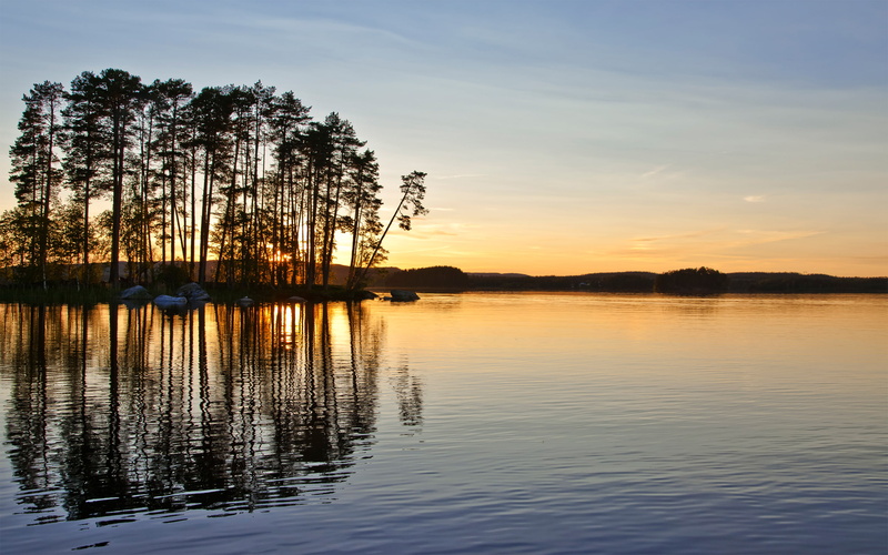 trees, sky, nature, 2K, reflections, nikond90, midnight, nikon, sun, water, sunset, photography, sweden, seascape