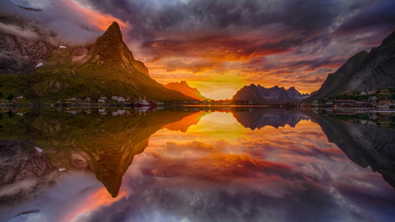 mountain, mount scenery, atmosphere, lofoten, reine, midnight sun, 1080P, village, reflection, nature, norway, fjord, reflected, scandinavia, loch, fishing village