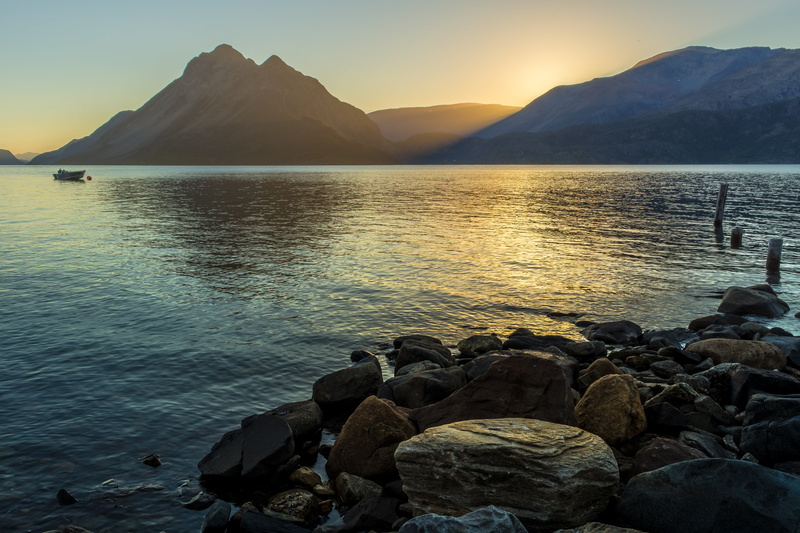 scenics - nature, sunset, stones, nature, fjord, land, midnight sun, outdoors, scenics, no people, water, near, lake, reflection, coast, landscape, sky
