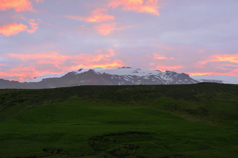 mountain peak, non-urban scene, tranquil scene, snow, skógafoss, sunset, tranquility, snowcapped mountain, grass, midnight sun, mountain, no people, cloud - sky