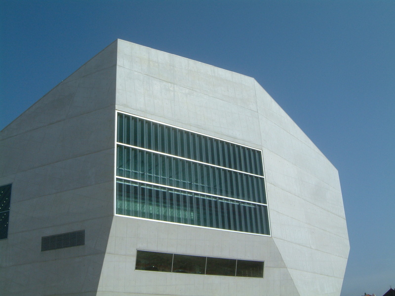 blue, 2K, low angle view, modern, glass - material, building, concrete, city, gray, geometric shape, clear sky, outdoors, porto, office building exterior