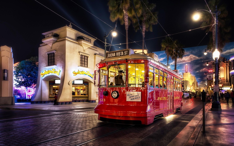 light, buildings, ca, street, tram, train, night, anaheim, 2K, railway, cars