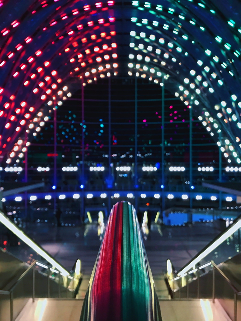 illuminated, city, lighting equipment, train station, rail, absence, oc, sport, eclectic, built structure, red, travel, los angeles, multi colored, train