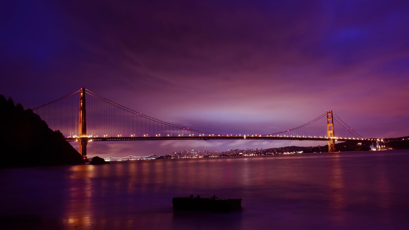 suspension bridge, landmark, horizon, nature, architecture, golden gate bridge, 4K, night time, purple landscape, travel, california, bay, afterglow, built structure