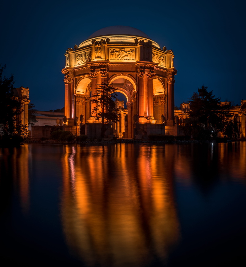 palace, architecture, mood, reflection, water, craft, blue, no people, color, sky, landscape, palace of fine arts theatre, long exposure, dusk, illuminated