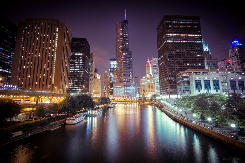 high, 1080P, Night, low, angle, Chicago, Skyscrapers, Illinois, the city, buildings, lights, the river, rise, photography