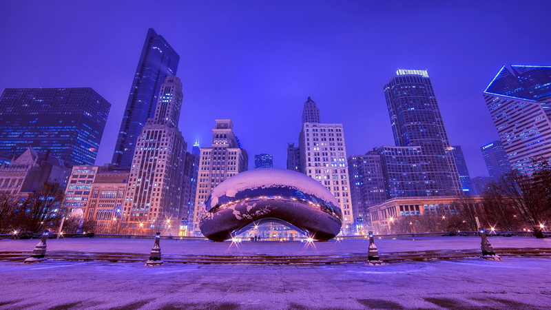 the bean, 1080P, chicago, dusk, millennium park, winter, cloud gate, night, skyscrapers, illinois, united states