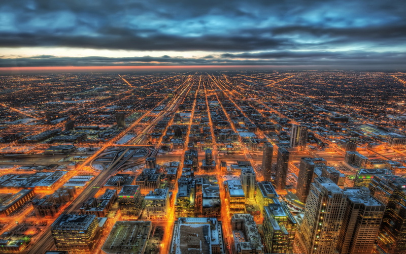 photo, Illinois, Buildings, city, Chicago, Skyscrapers, aerial, Lights, Night, 2K, USA