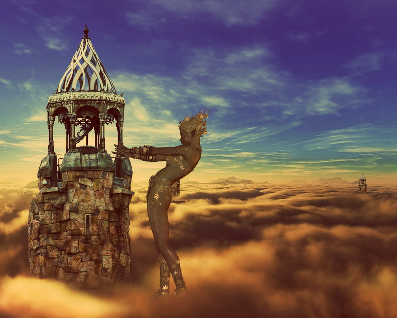 5K, figure, surreal, building exterior, clouds, outdoors, art, belief, sky, animal representation, cloud - sky, built structure, architecture, the past