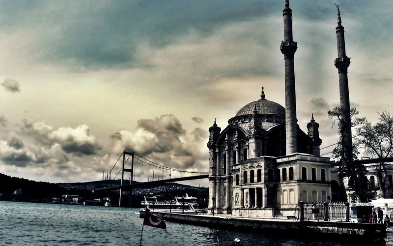 hdr, bridge, Ortaköy Mosque, turkey, architecture, Mosques, sky, Old Building, clouds, water, building, 720P