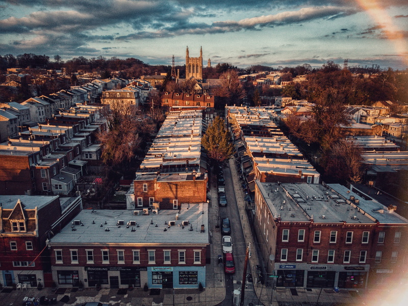 tower, built structure, town, car, brown, aerial view, road, urban, landscape, metropolis, city, scenery, day, philadelphia, office building exterior, concrete