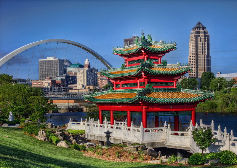 nature, sky, no people, office building exterior, skyscraper, des moines, built structure, building, travel, 1080P, building exterior, water, plant, religion