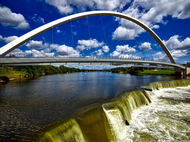 hdr, pedestrian, reflection, bridge - man made structure, iowa, 1080P, nature, white, steel, connection, falls, built structure, day, waterfall, outdoors