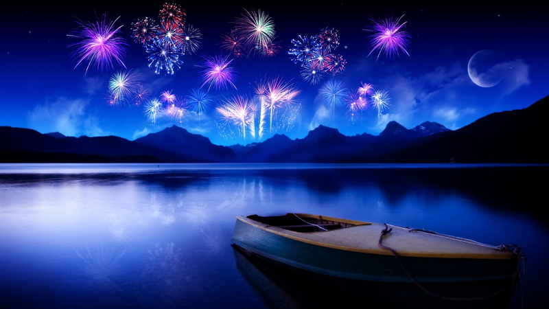 fireworks, 4th of july, boat, hd, blue lake, blue, 1080P, lake