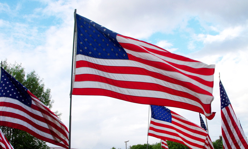 2K, environment, low angle view, waving, blue, nature, independence, outdoors, sky, freedom, pride, red, cloud - sky, wind, striped, flag, memorial day