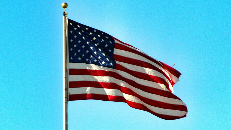 waving, clear sky, sky, flag, striped, 4K, pole, national icon, star shape, white, daytime, no people, low angle view, july 4th, outdoors, blue, dom, united states