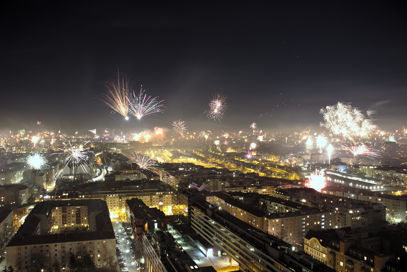 residential district, silvester, travel destinations, cityscape, austria, city, vienna, firework display, sky, high angle view, 5K, höchstädtplatz, skyscraper