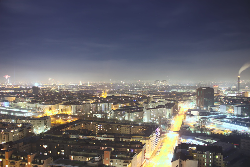 vienna, built structure, firework, sky, high angle view, office building exterior, building exterior, building, city life, water, night, silvester, architecture