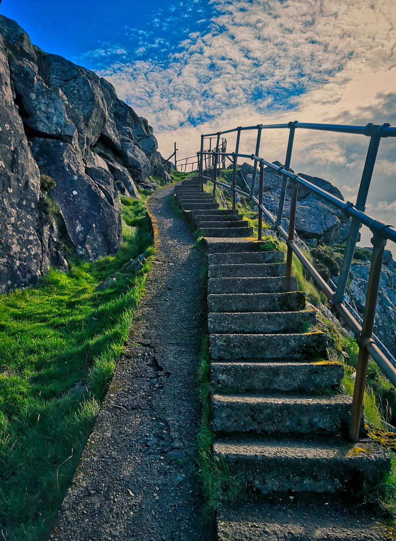 steps and staircases, railing, sky, architecture, leadership, upward, rise, scenics - nature, clouds, stone stairway, old, cloud - sky, tranquility, day