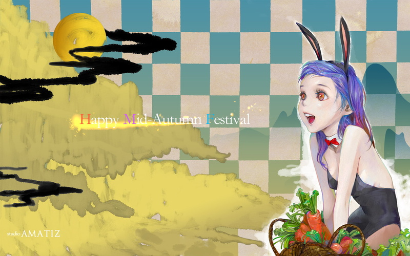 red eyes, Happy Mid-Autumn Festival, 1080P, holidays, the Chinese harvest festival, girl, Janzssa, the moon, rabbit, ears, Amatizking, carrots