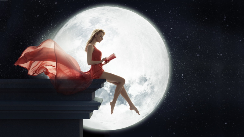 sky, young adult, Women Outdoors, planet - space, 4K, sphere, digital composite, Reading, one person, red Dress, dark, fantasy, night, books, beautiful woman