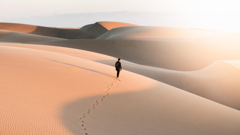 1080P, environment, arid climate, walk, scenics - nature, footmark, landscape, footprint, sunset, land, remote, sand dune, dune, man, tranquility, sand