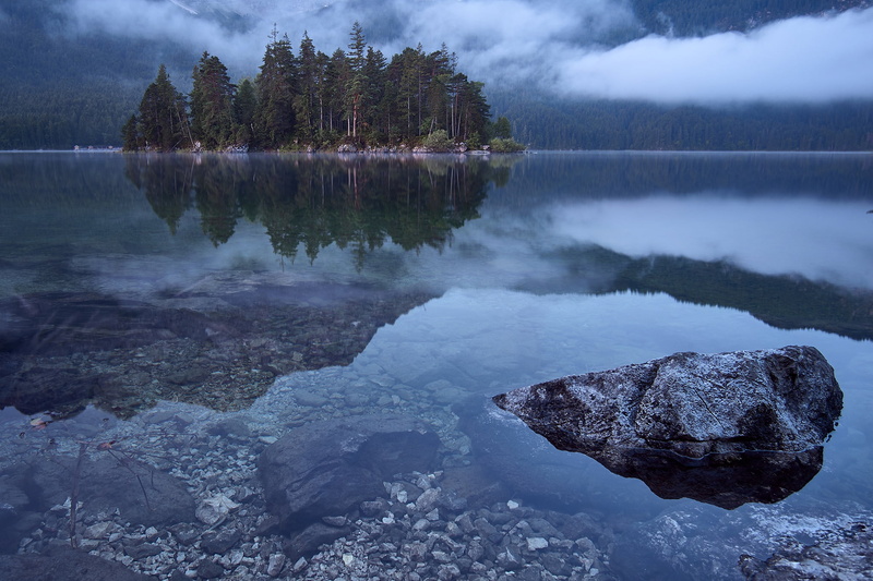 stones, 1080P, lake, mountains, trees, fog, Eibsee, Germany, forest