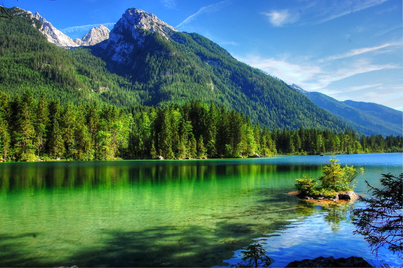 sky, near, tranquil scene, berchtesgaden alps, beauty in nature, mountain, waters, day, landscape, mountains, adventure, tree, mountain range, holiday