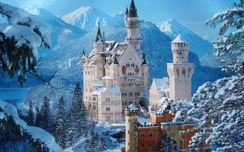 hd, neuschwanstein, 1080P, castle, winter, art, landscapes, snow, x, mountains, nature, retreat