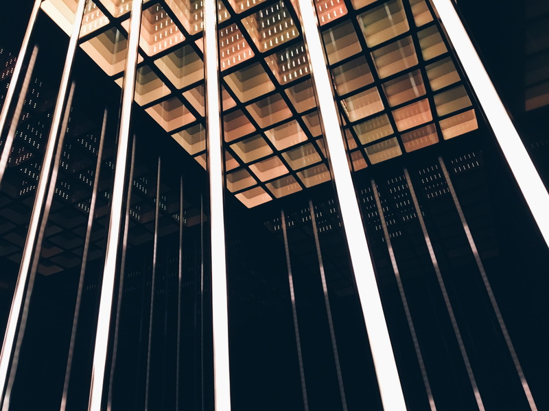 close-up, pattern, reflection, lift car, outdoors, metal, elevator, ceiling, window, illumination, building exterior, full frame, illuminations, backgrounds