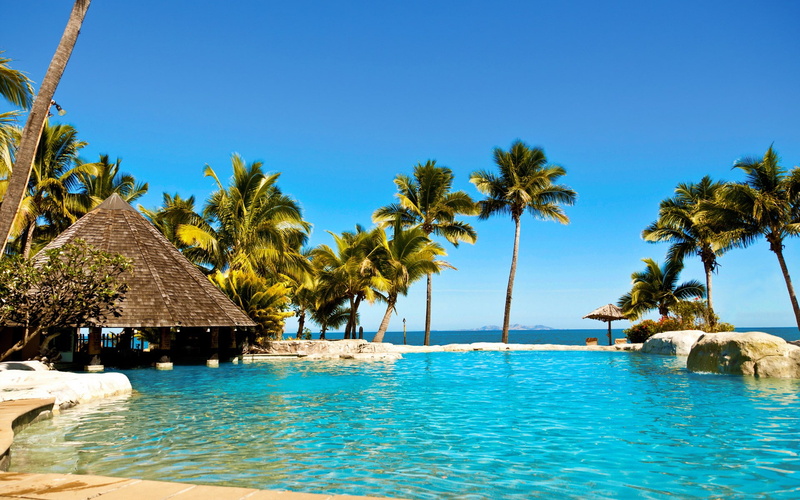 huts, palm, hotels, relaxation, water, swimming, tropical, beaches, sun, ocean, 1080P, sea, summer, pools, resort, trees, fiji, islands