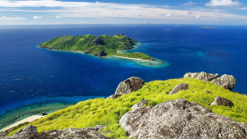 grass, island, clouds, horizon, rocks, coast, Fiji, water, nature, landscape, Pacific Ocean, 1080P, sky