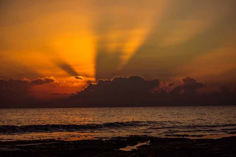 ayia napa, outdoors, horizon, sunbeam, sunset, anticrepuscular, horizon over water, tranquility, photo, dusk, land, water, evening, twilight, landscape