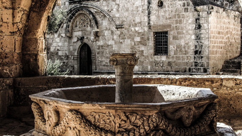 fountain, history, day, stone Material, church, representation, Monastery, no people, Cyprus, water, architecture, art and craft, faucet, ancient, built structure