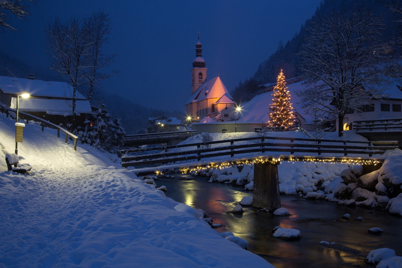Christmas, lights, landscape, Austria, snow, Walter Hirzinger, community, Ramsau, night, 1080P, tree, bridge, river, Church, lighting, nature, winter