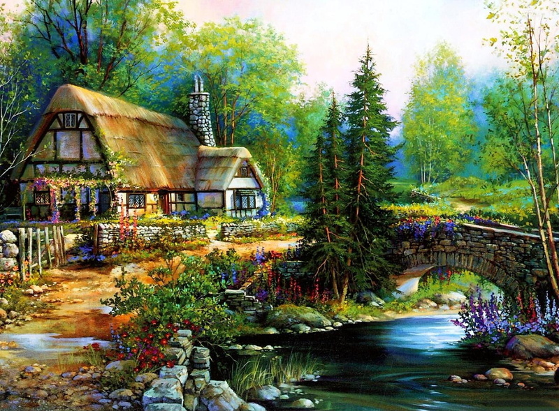 bridge, peacewful, beautiful, painting, cottage, 720P, peaceful, lovely, colors