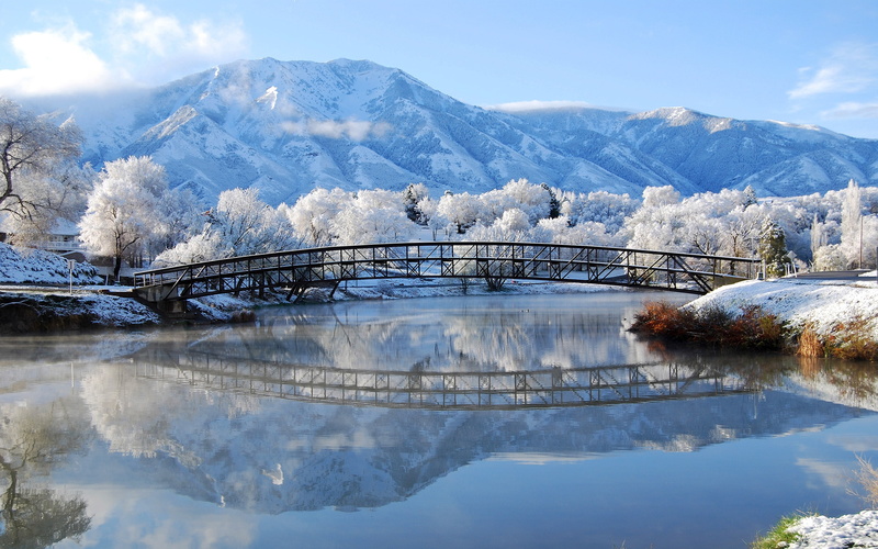 2K, snow, winter, metal, black, bridge, lake, trees, lovely, mountains, nature