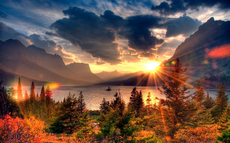 nature, tree, no people, plant, mountain, outdoors, lake, tranquility, 1080P, sun, idyllic, change, tranquil scene, lens flare, sunlight, scenics - nature