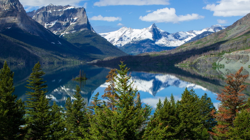 snowy mountain, sky, Saint Mary Lake, forest, clouds, lake, landscape, mountains, 1080P, Glacier National Park, trees, USA, nature, reflection