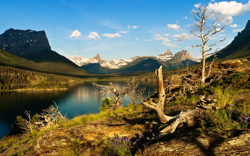 lake, Earth, non-urban scene, scenics - nature, day, sunlight, beauty in nature, idyllic, rock, Saint Mary Lake, mountain, water, no people, tranquil scene