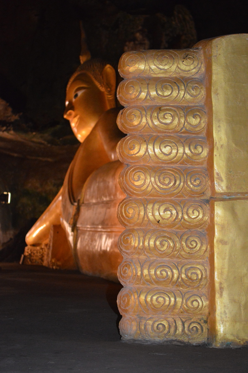 no people, gold colored, belief, indoors, human representation, thailand, reclining buddha, illuminated, phang-nga, phuket, place of worship, statue, male likeness
