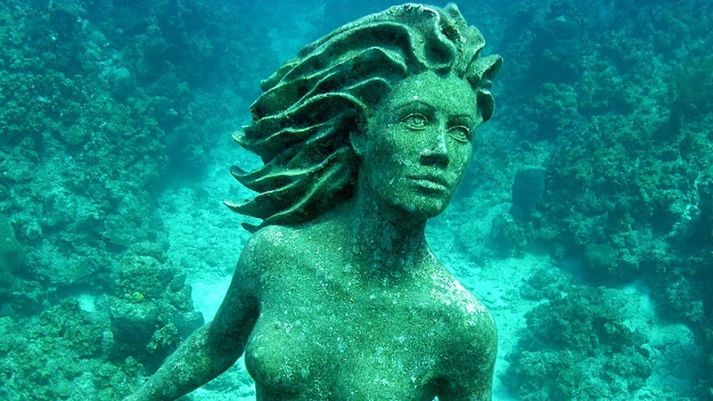 turquoise colored, people, marine, concrete, beauty in nature, sea, underwater, outdoors, mermaids, undersea, sculpture, statue, swimming, female, nature