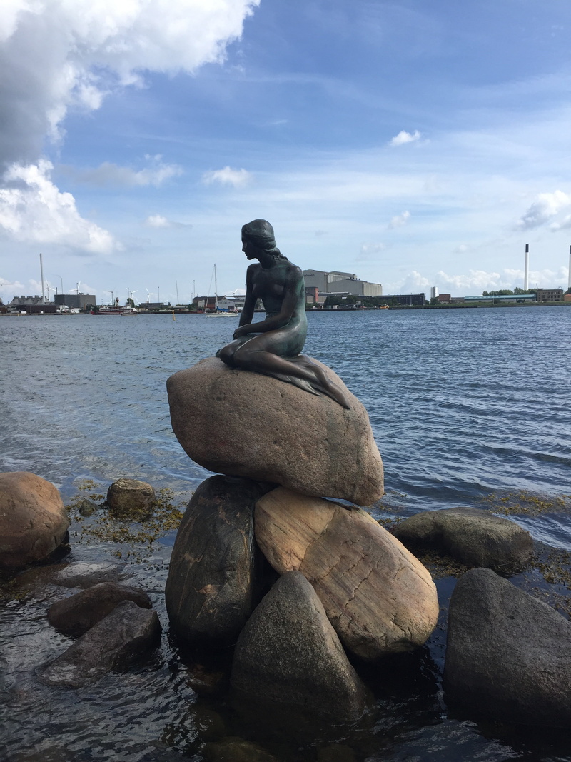 harbor, statue, human representation, famous, representation, travel, cloud - sky, little, mermaid, art and craft, denmark, beauty in nature, sea, rock
