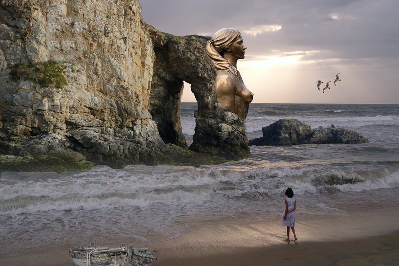 statue, standing, sand, coast, rock formation, woman, composing, boot, fantasy, sunset, beauty in nature, beach sea, rock - object, 5K, sculpture, outdoors