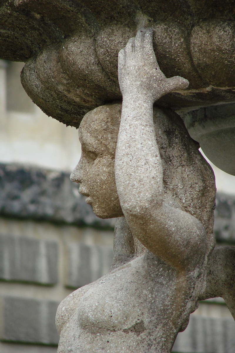 woman, spirituality, weathered, angel, male likeness, focus on foreground, close-up, fountain, mermaid, decorations, nature, outdoors, representation, solid