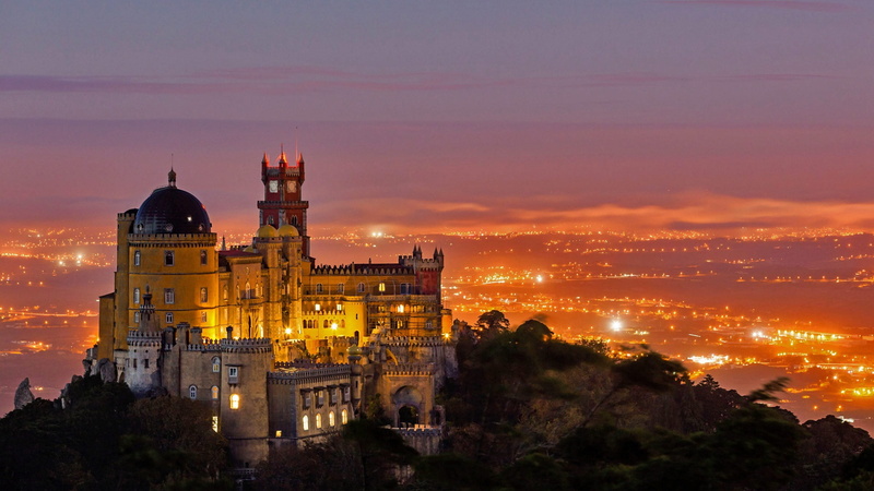 1080P, Pena national Palace, lights, Portugal, Sintra